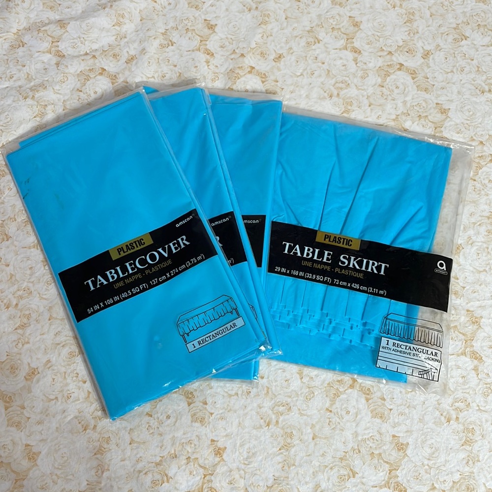 Caribbean Blue Plastic Table Cover and Caribbean Blue Plastic Table Skirt